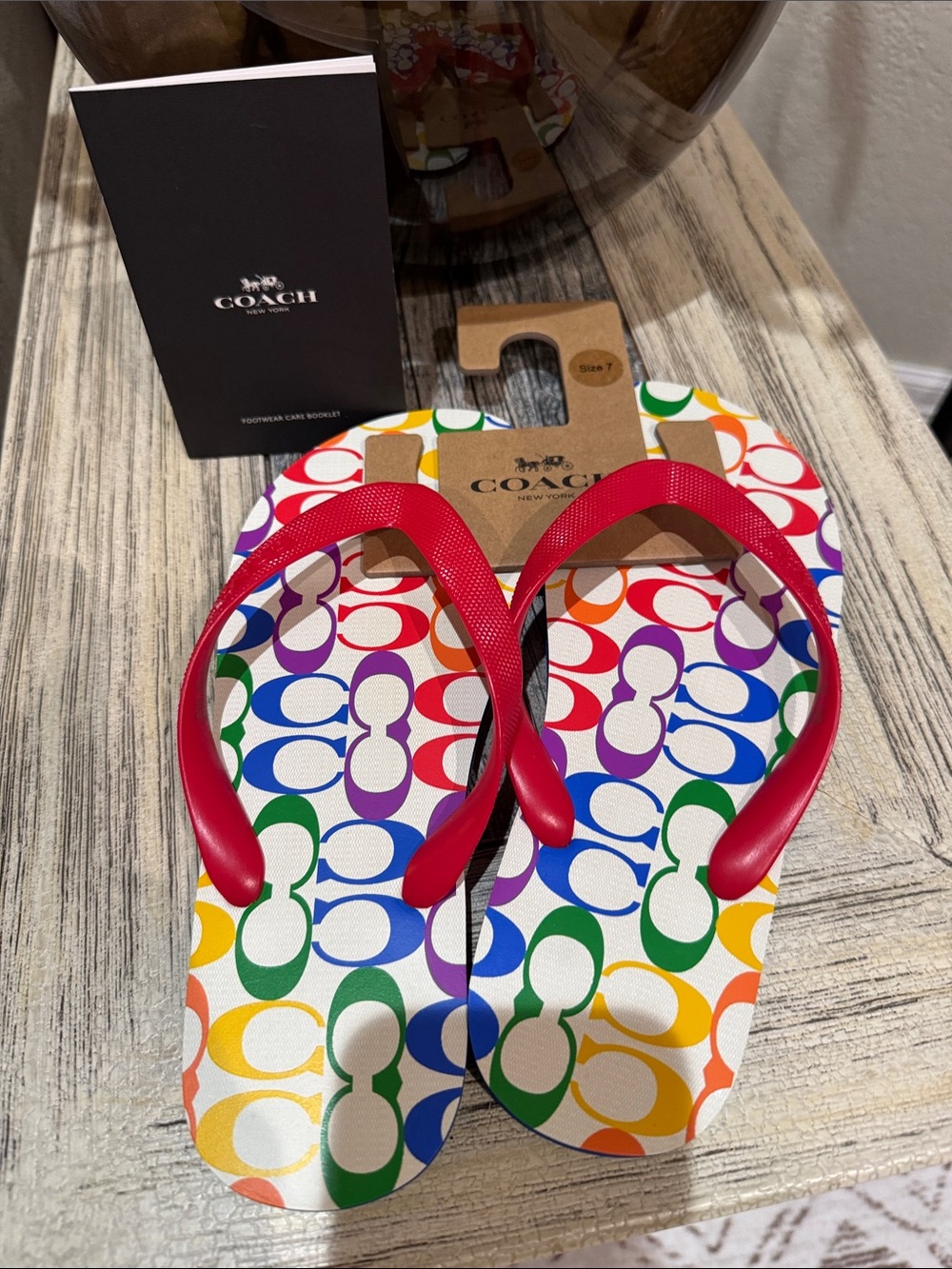 Coach Multicolor Signature Flip Flops with Red Straps